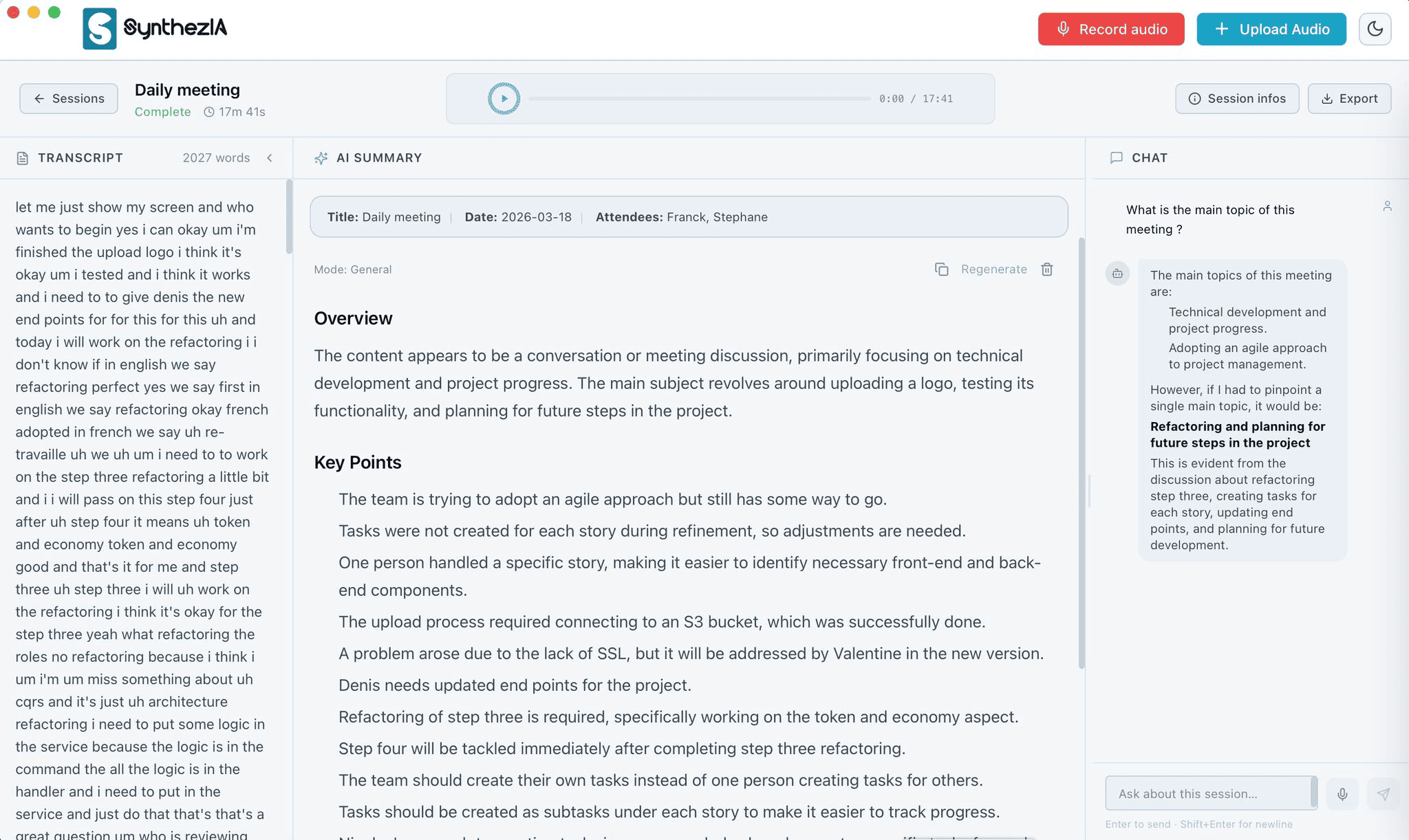 Synthezia workspace with transcript and summary views